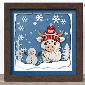 Bonhomme de neige 3D vache Highland shadow box SVG, fichier Cricut SVG, fichier de boîte d'ombre de Noël, 3D papier cartonné SVG coupe fichier, CrafterLobby