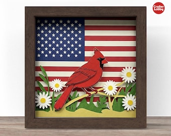 3d patriotic cardinal shadow box SVG, Cricut SVG File, patriotic shadow box file, 3d papercut SVG cardstock cut file, CrafterLobby