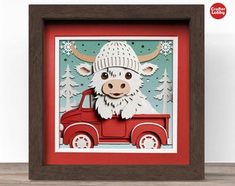May include: A white highland cow wearing a white knit hat is sitting in the back of a red pickup truck. The truck is driving through a snowy winter scene with pine trees and snowflakes.