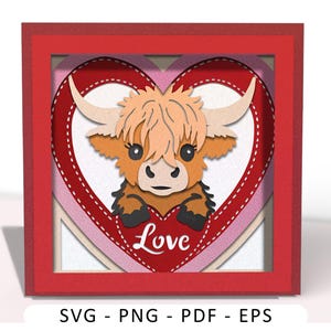 Tarjeta de San Valentín con vaca de las tierras altas SVG, archivo SVG de tarjeta Cricut, tarjeta emergente 3D, archivo de corte de tarjeta SVG con papel 3D, tarjeta con caja de sombras, CrafterLobby