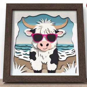 3D plage vache Highland ombre boîte SVG, fichier Cricut SVG, fichier de boîte d'ombre d'été, papier cartonné SVG 3D découpé fichier, CrafterLobby