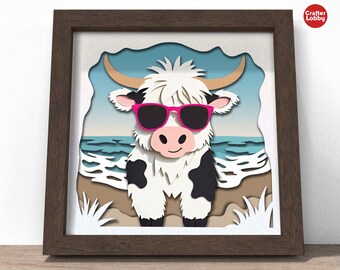 3d beach highland cow shadow box SVG, Cricut SVG File, summer shadow box file, 3d papercut SVG cardstock cut file, CrafterLobby
