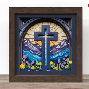 Gebrandschilderd glas Cross Shadow Box SVG: bloemen religieus Cricut-bestand