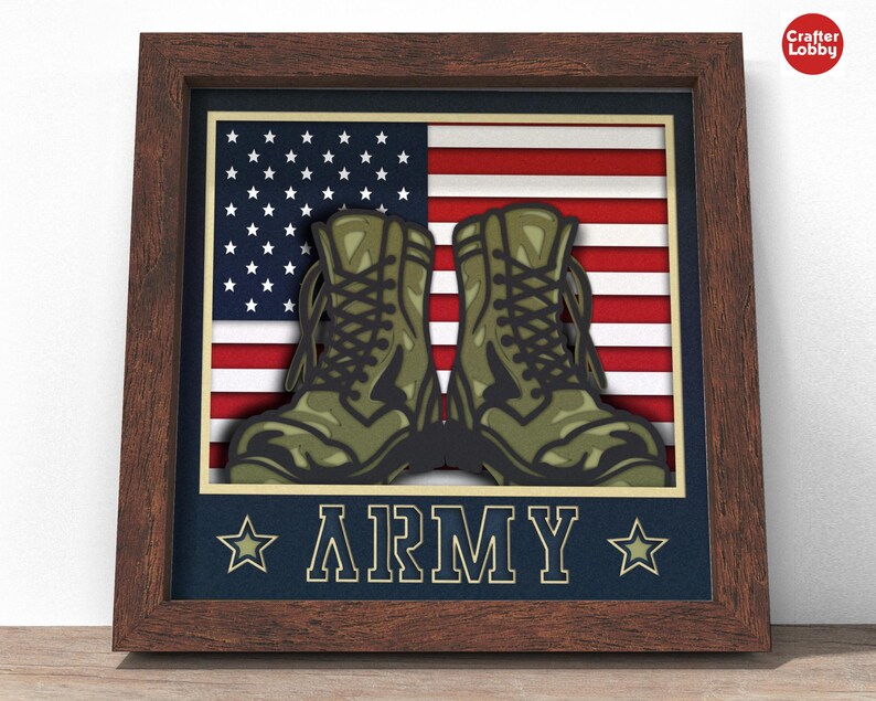 3d usa army boots shadow box SVG, Cricut SVG File, patriotic shadow box file, 3d papercut SVG cardstock cut file, CrafterLobby2