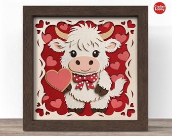 Valentine Highland Cow Shadow Box SVG: 3D Papercut File