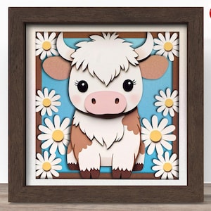 3d Daisy Highland Kuh Schattenbox SVG, Cricut SVG-Datei, Frühling Schattenbox Datei, 3D Papierschnitt SVG Papierschnittdatei, CrafterLobby
