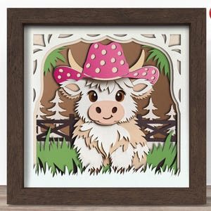 3D cow-girl vache Highland ombre boîte SVG, fichier Cricut SVG, fichier de boîte d'ombre de chapeau de cowboy, 3D papercut SVG cartonné coupe fichier, CrafterLobby