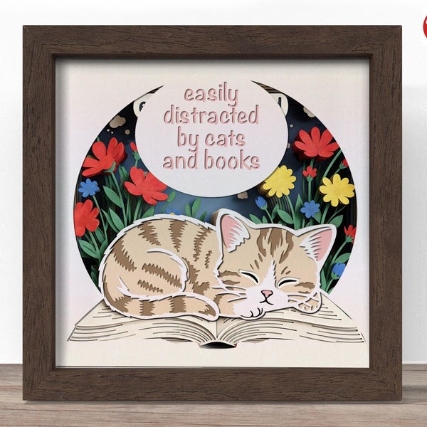 Cats and Books Shadow Box SVG: 3D Papercraft (Digital Download)