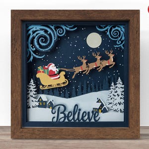 3d glauben Weihnachtsmann Schattenbox SVG, Cricut SVG-Datei, fliegende Weihnachtsmann Schattenbox Datei, 3D Papierschnitt SVG Karton Schnittdatei, CrafterLobby