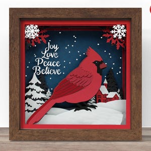 Caja de sombras de cardenal de invierno 3D SVG, archivo SVG de Cricut, archivo de caja de sombras de alegría, amor, paz y creencia, archivo de corte SVG de corte de papel 3D, CrafterLobby