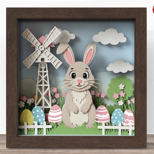 Caja de sombras de conejo de Pascua de granja SVG: archivo de corte de papel 3D