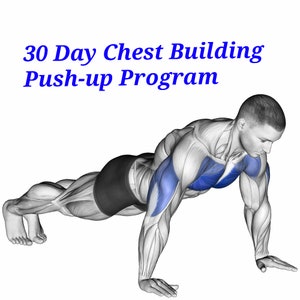 Könnte beinhalten: Ein Mann, der eine Liegestütze ausführt, wobei seine Brustmuskeln in Blau hervorgehoben sind. Das Bild trägt den Titel "30-Tage-Brustaufbau-Liegestütz-Programm".