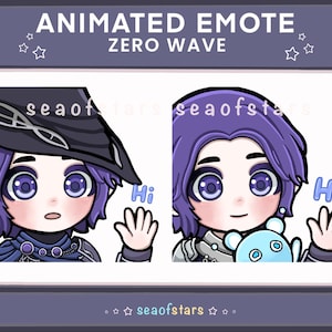 May include: Two digital animated emotes titled ANIMATED EMOTE ZERO WAVE featuring a purple-haired character waving. One version shows the character in a dark hat, the other without. Both include the text Hi and the watermark seaofstars.