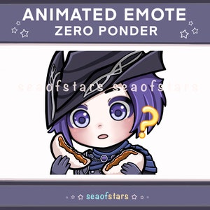 May include: Animated emote of a purple-haired character with a black hat and a question mark above their head, holding two hot dogs.