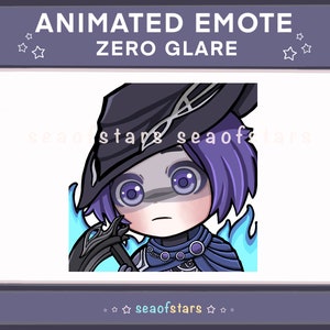 May include: Animated emote of a purple-haired character with a black hat and a blue flame behind them. The character has a serious expression and is holding a scythe. The text "ZERO GLARE" is above the character.