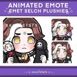 May include: Animated emote image showing a cartoon character with brown hair and yellow eyes, holding a plushie. The image includes the text "ANIMATED EMOTE EMET SELCH PLUSHIES" in a purple banner. The background is white.