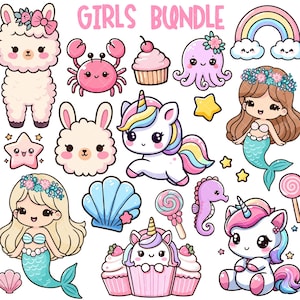 Puede incluir: Colección de ilustraciones de dibujos animados con un llama, cangrejo, cupcake, pulpo, arcoíris, sirena, unicornio, estrella, concha, caballito de mar y piruleta. El texto "GIRLS BUNDLE" está en la parte superior. Ilustraciones en colores pastel.