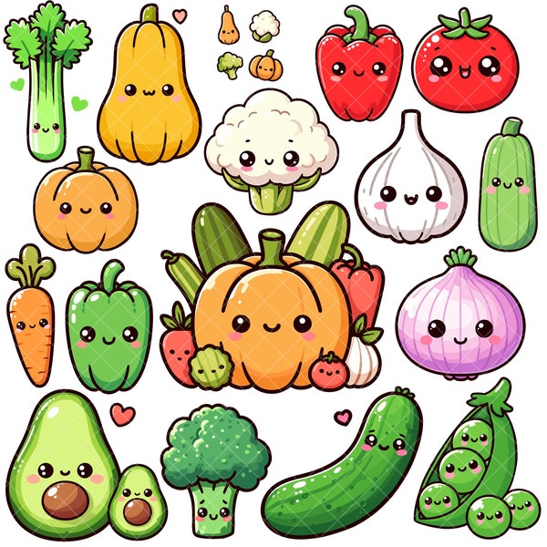 Kawaii Cute Vegetables and greens PNG bundle