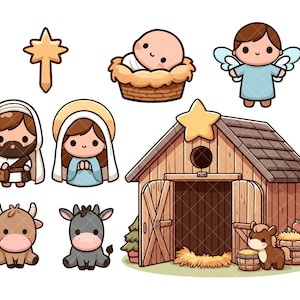 Op de afbeelding: Een set cartoonillustraties die de kerststal voorstellen. De set bevat een kribbe met een baby Jezus, Maria en Jozef, een ster, een engel, twee koeien en een stal.