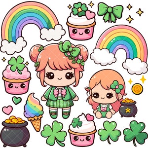 Puede incluir: Un conjunto de clipart digital con personajes de dibujos animados lindos, arcoíris, tréboles, cupcakes y monedas de oro. Los personajes visten de verde y tienen mejillas rosadas. El clipart es perfecto para manualidades y proyectos del Día de San Patricio.