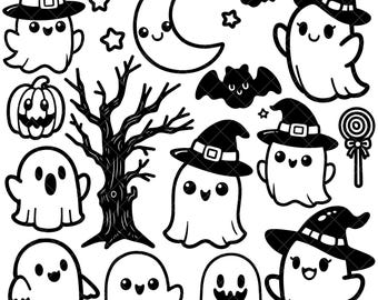 Kawaii BLACK & WHITE Ghosts PNG Bundle