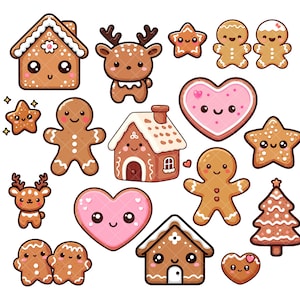 May include: A collection of cute gingerbread cookies in various shapes, including houses, hearts, stars, reindeer, and gingerbread people. The cookies are decorated with icing and sprinkles.