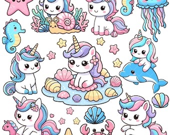 Lot Kawaii Unicorn Ocean PNG