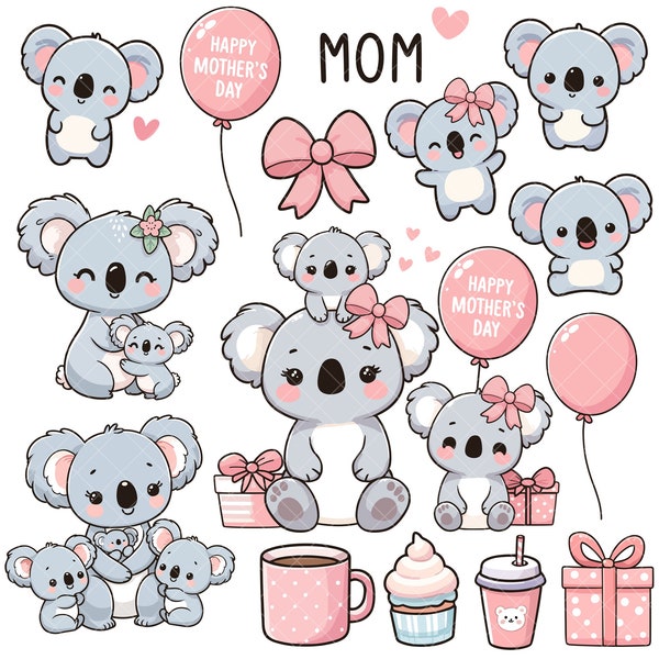 Kawaii Koala mom and baby PNG bundle