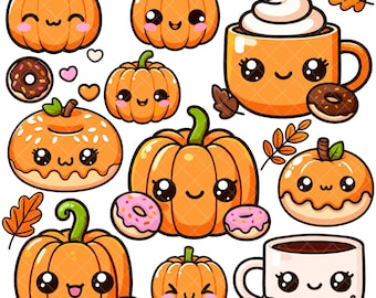 Kawaii Pumpkin Coffee and Donuts PNG bundle
