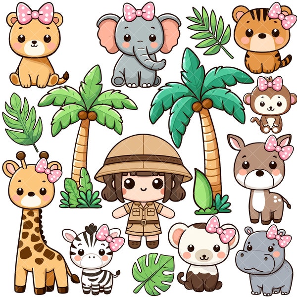 Kawaii Safari Animals for Girls PNG bundle