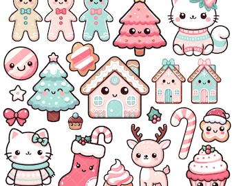 Kawaii Pink and Mint Christmas PNG bundle