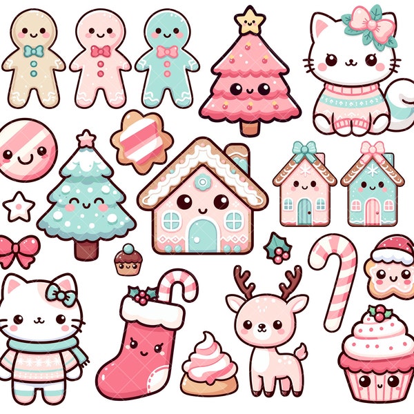 Kawaii Pink and Mint Christmas PNG bundle