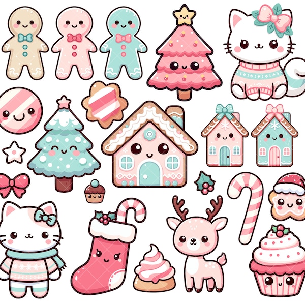 Kawaii Pink and Mint Christmas PNG bundle