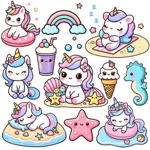 May include: A set of cute cartoon unicorn illustrations featuring a rainbow, a seashell, a starfish, a seahorse, ice cream, a milkshake, and a unicorn wearing a life preserver. The unicorns are all pink, blue, and white with colourful manes and tails.