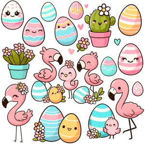 Paquete PNG de flamencos tropicales de Pascua kawaii