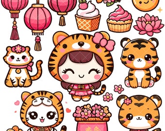 Kawaii Tiger Year Pink PNG bundle