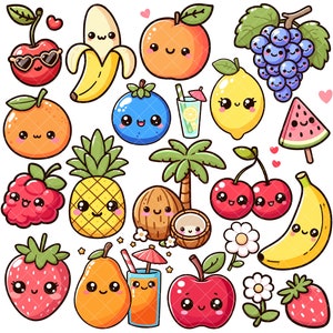 Lot Kawaii Fruits mignons PNG