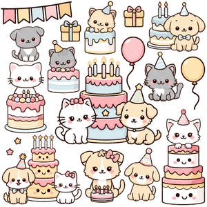 Kawaii Birthday Kitty und Welpe PNG Bundle