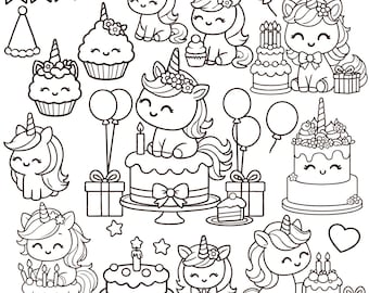 Paquete PNG de cumpleaños de unicornio kawaii en blanco y negro