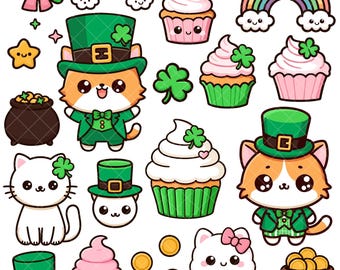 Kawaii St Patricks Cat Party PNG bundle