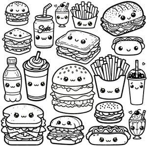 Kawaii BLACK/WHITE Fast Food PNG Bundle