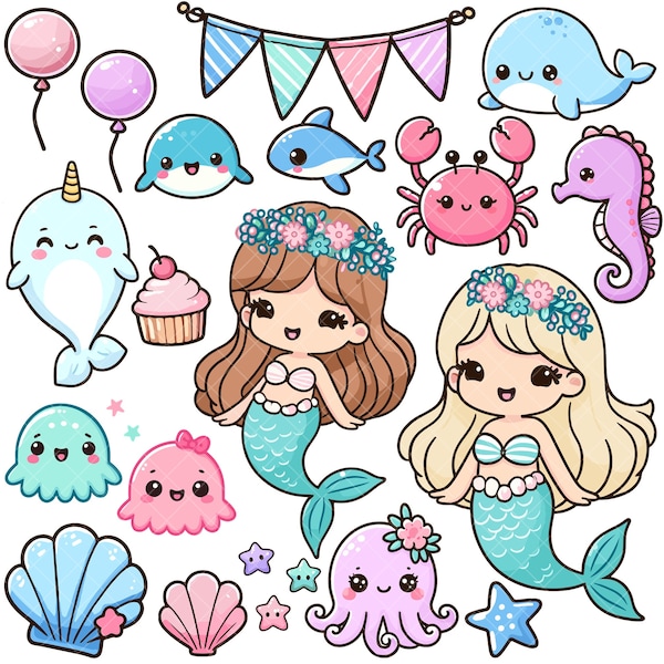 Kawaii Cute Mermaid Party PNG bundle