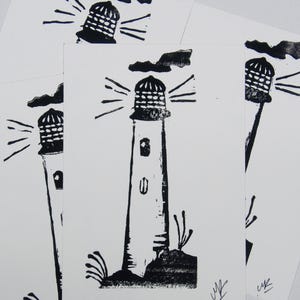 Vuurtoren - linosnedekunst, vuurtoren, strandhuiskunst, reliëfdruk, linosnede, blokdruk, blokgedrukte kunst