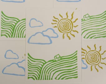 Sunny Landscape - Linocut Art, Relief Print, Funky Art, Linocut, Blockprint, Landscape