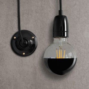 Complete SET - Retro canopy with textile cable and lamp holder made of porcelain in black
