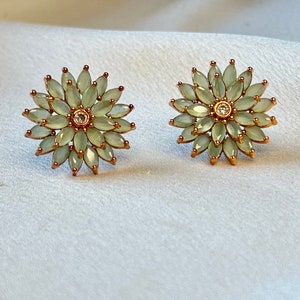 Green Gold & Pink Silver Floral Statement Stud Earrings • Elegant Bloom Design • Vintage-Inspired Jewellery  • Valentines Gift
