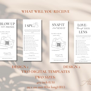 May include: Four white rectangular digital templates for wedding photo sharing. Designs feature black text, camera line art, and QR code placeholders. Text includes 'BLOW UP OUR PHONES', 'I SPY', 'SNAP IT And SEND IT', and 'LOVE THROUGH YOUR LENS'. Includes 4x9 inch size.