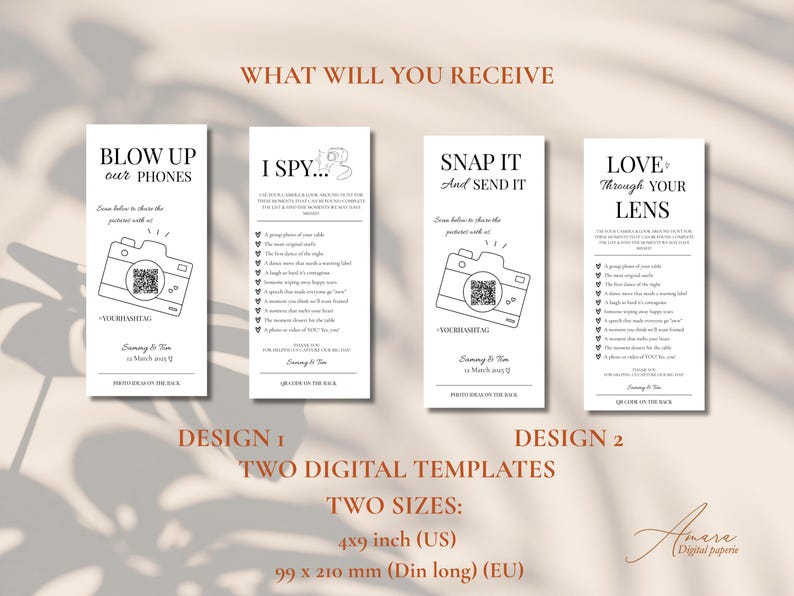 May include: Four white rectangular digital templates for wedding photo sharing. Designs feature black text, camera line art, and QR code placeholders. Text includes 'BLOW UP OUR PHONES', 'I SPY', 'SNAP IT And SEND IT', and 'LOVE THROUGH YOUR LENS'. Includes 4x9 inch size.