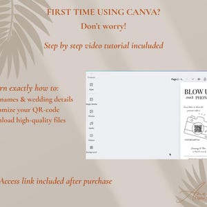 May include: A digital template interface for Canva featuring a wedding sign design with the text BLOW UP our PHONES and a camera icon with a QR code. The layout includes instructions for editing names, wedding details, and downloading files.