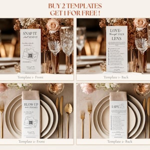 May include: Four white rectangular wedding table cards featuring black text and line art camera icons. Template 1 front reads SNAP IT AND SEND IT, back reads LOVE THROUGH YOUR LENS. Template 2 front reads BLOW UP OUR PHONES, back reads I SPY. Text at top reads BUY 2 TEMPLATES GET 1 FOR FREE!
